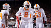 Tennessee Volunteers quarterback Nico Iamaleava celebrates a touchdown during the first half of the College Football Playoff first round game against the Ohio State Buckeyes.
