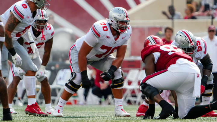 Sep 2, 2023; Bloomington, Indiana, USA; Ohio State Buckeyes offensive lineman Josh Fryar (70) lines up during the NCAA football game at Indiana University Memorial Stadium. Ohio State won 23-3.