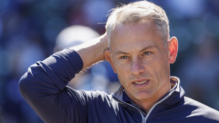 Oct 1, 2022; Chicago, Illinois, USA; Chicago Cubs President of baseball operations Jed Hoyer looks on before a baseball game between the Chicago Cubs and Cincinnati Reds at Wrigley Field.