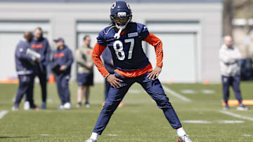 May 9, 2025; Lake Forest, IL, USA; Chicago Bears wide receiver Luther Burden III warms up during the Rookie Minicamp at Halas Hall. Mandatory Credit: Kamil Krzaczynski-Imagn Images