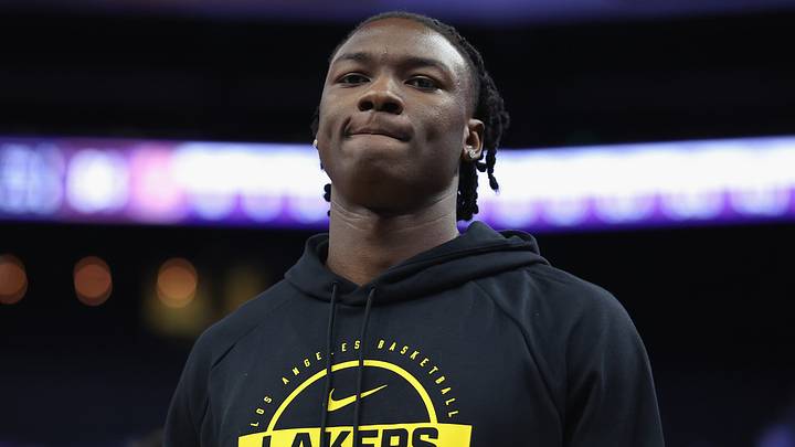 Adou Thiero #1 of the Los Angeles Lakers looks on during the game against the San Antonio Spurs. (Photo by Lachlan Cunningham/Getty Images)