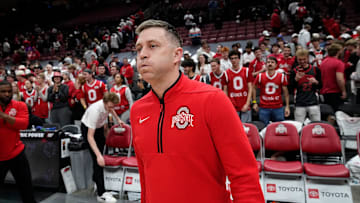 Ohio State Buckeyes head coach Jake Diebler reacts following the second overtime of the NCAA men's basketball game against the Nebraska Cornhuskers at Value City Arena in Columbus on March 4, 2025. Ohio State won 116-114.
