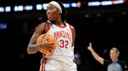 Ohio State Buckeyes forward Cotie McMahon (32) reacts during the second round of the women's NCAA Tournament against the Tennessee Lady Vols at Value City Arena in Columbus on March 23, 2025. Ohio State lost 82-67.