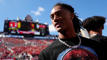 Ohio State Buckeyes commit Chris Henry Jr. of Mater Dei High School in California walks across the sideline prior to the NCAA football game between the Ohio State Buckeyes and the Texas Longhorns at Ohio Stadium on Aug. 30, 2025.