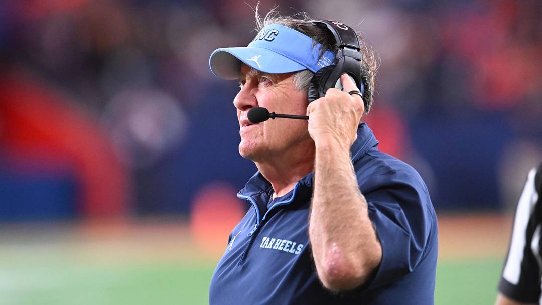 Oct 31, 2025; Syracuse, New York, USA; North Carolina Tar Heels head coach Bill Belichick looks to the clock in the fourth quarter game against the Syracuse Orange at the JMA Wireless Dome. Mandatory Credit: Mark Konezny-Imagn Images