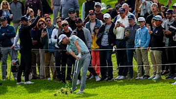 Feb 18, 2024; Pacific Palisades, California, USA; Will Zalatoris plays on the eighteenth hole during the final round of The Genesis Invitational golf tournament at Riviera Country Club. Mandatory Credit: Jason Parkhurst-Imagn Images