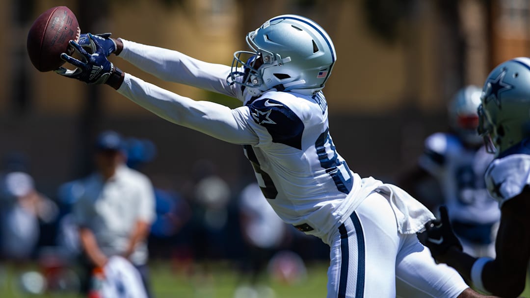 Dallas Cowboys wide receiver Jalen Brooks (83) reaches for the ball during training camp at Marriott Residence Inn-River Ridge playing fields.