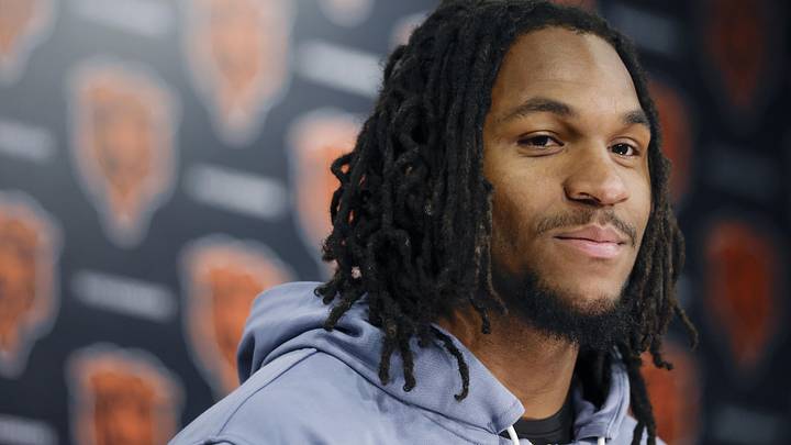 May 9, 2025; Lake Forest, IL, USA; Chicago Bears wide receiver Luther Burden III smiles during the Rookie Minicamp at Halas Hall. Mandatory Credit: Kamil Krzaczynski-Imagn Images