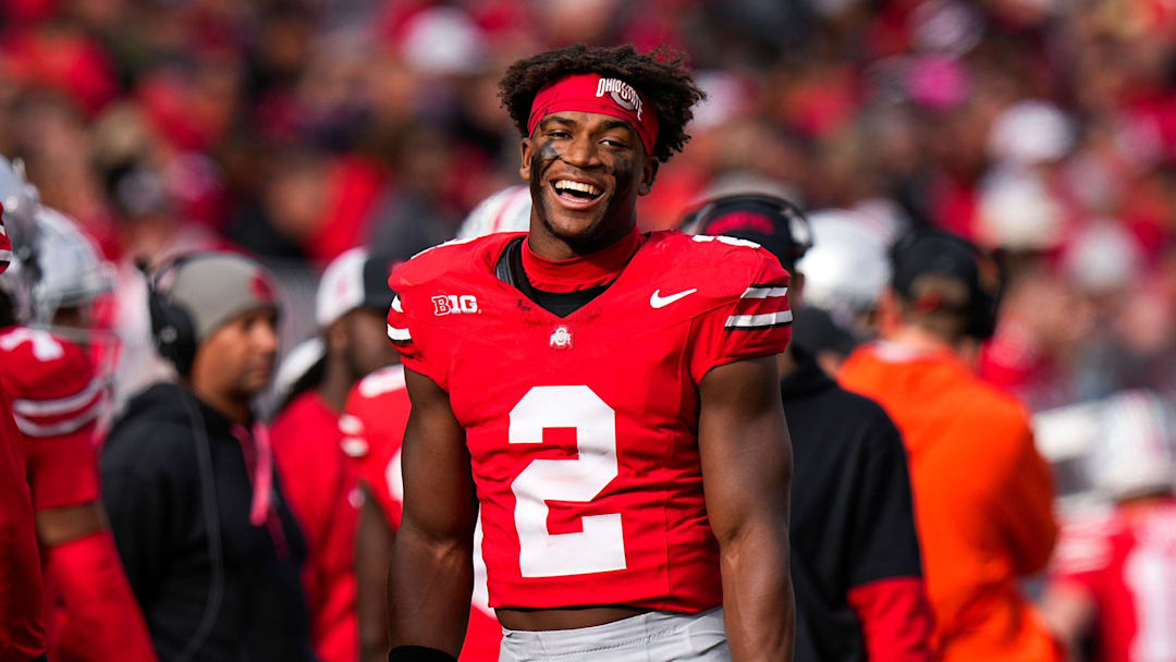 Ohio State safety Caleb Downs smiles during a game against Purdue. Ohio State safety Caleb Downs smiles during a game against Purdue.