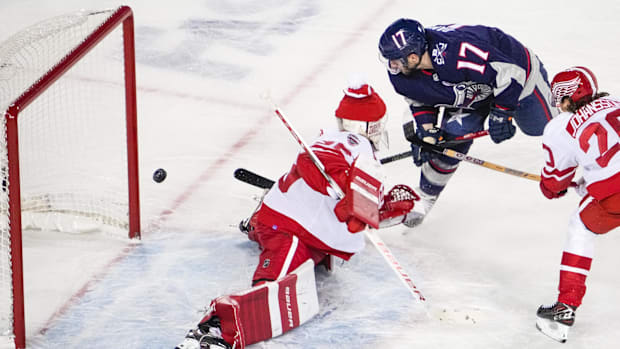 Columbus Blue Jackets forward Justin Danforth scores against the Detroit Red Wings