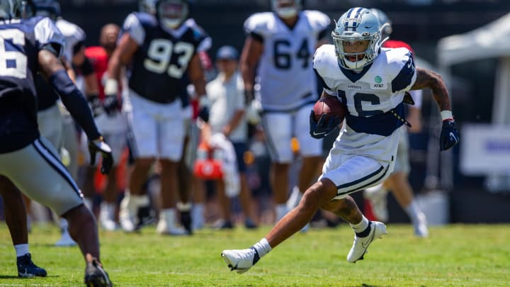 Oxnard, CA, USA; Dallas Cowboys wide receiver Jalen Moreno-Cropper (16) runs during training camp at Marriott Residence Inn-River Ridge playing fields. 