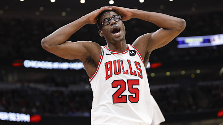 Jan 26, 2026; Chicago, Illinois, USA; Chicago Bulls forward Jalen Smith (25) reacts during the second half at United Center. Mandatory Credit: Kamil Krzaczynski-Imagn Images