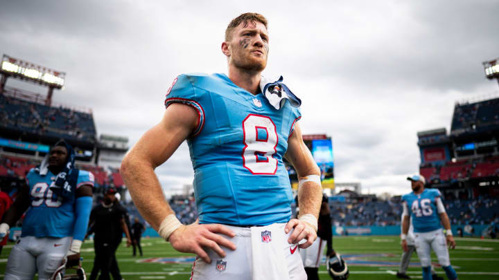 Tennessee Titans quarterback Will Levis (8) celebrates on the field after defeating the Atlanta Falcons at Nissan Stadium in Nashville, Tenn., Sunday, Oct. 29, 2023.