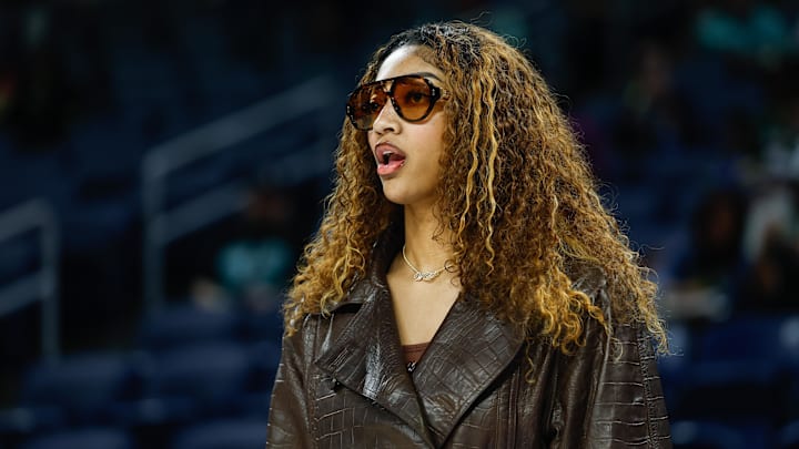 Sep 11, 2025; Chicago, Illinois, USA; Injured Chicago Sky forward Angel Reese (5) stands on the sidelines before a WNBA game against the New York Liberty at Wintrust Arena. Mandatory Credit: Kamil Krzaczynski-Imagn Images