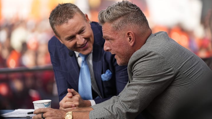 Pat McAfee, right, talks to Kirk Herbstreit on the set of ESPN College GameDay prior to the NCAA football game between the Ohio State Buckeyes and the Texas Longhorns at Ohio Stadium on Aug. 30, 2025.