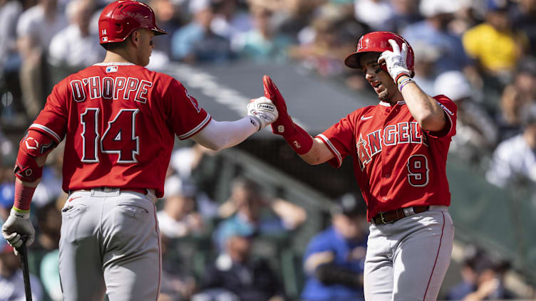 Sep 13, 2023; Seattle, Washington, USA; Los Angeles Angels shortstop Zach Neto (9) is congratulated