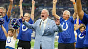 Jim Irsay, Colts owner, participates in a special grandparents event on a halftime performance by Colts Junior Cheer, during a break in action against the Los Angeles Rams at Indianapolis Colts, on Sunday, Oct. 1, 2023, at Lucas Oil Stadium in Indianapolis.