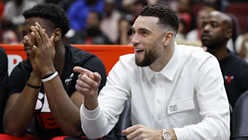 Dec 6, 2023; Chicago, Illinois, USA; Injured Chicago Bulls guard Zach LaVine (8) reacts during the first half of a basketball game against the Charlotte Hornets at United Center. Mandatory Credit: Kamil Krzaczynski-Imagn Images