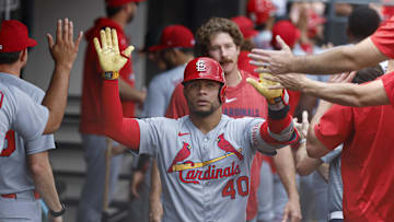 Jun 19, 2025; Chicago, Illinois, USA; St. Louis Cardinals first baseman Willson Contreras (40) celebrates with teammates in the dugout after hitting a two-run home run against the Chicago White Sox during the eight inning of game one of the doubleheader at Rate Field. Mandatory Credit: Kamil Krzaczynski-Imagn Images