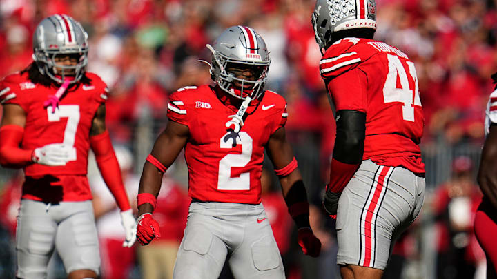Ohio State safety Caleb Downs celebrates during a game this season.