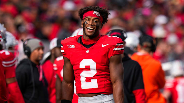 Ohio State safety Caleb Downs smiles during a game against Purdue.