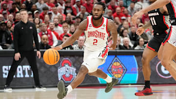 Mar 26, 2024; Columbus, OH, USA; Ohio State Buckeyes guard Bruce Thornton (2) drives to the basket during the second half of the NIT quarterfinals against the Georgia Bulldogs at Value City Arena. Ohio State lost 79-77.