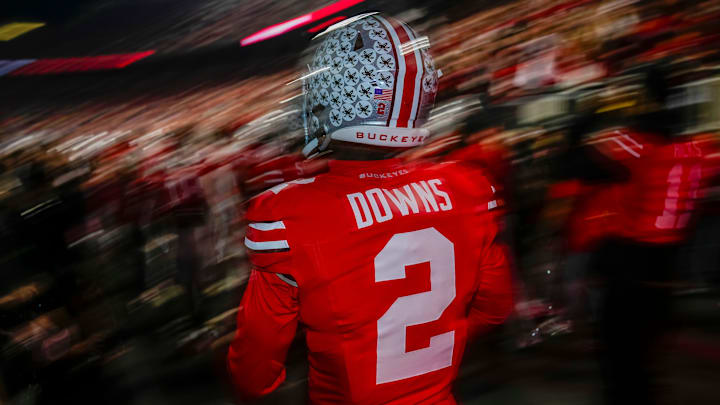 Ohio State Buckeyes defensive back Caleb Downs (2) takes the field for warm-ups prior to the NCAA football game against the UCLA Bruins at Ohio Stadium in Columbus on Nov. 15, 2025.
