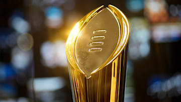 Dec 29, 2022; Atlanta, GA, USA; The College Football Playoff trophy inside the College Football Hall of Fame during media day for the Peach Bowl. Mandatory Credit: Adam Cairns-The Columbus Dispatch