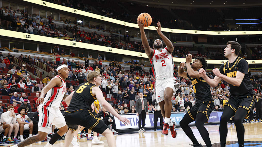 Mar 12, 2026; Chicago, IL, USA; Ohio State Buckeyes guard Bruce Thornton (2) goes to the basket against the Iowa Hawkeyes during the second half at United Center. Mandatory Credit: Kamil Krzaczynski-Imagn Images