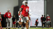 Mar 7, 2024; Columbus, OH, USA; Ohio State Buckeyes wide receiver Jeremiah Smith (4) returns a punt during spring football practice at the Woody Hayes Athletic Center.