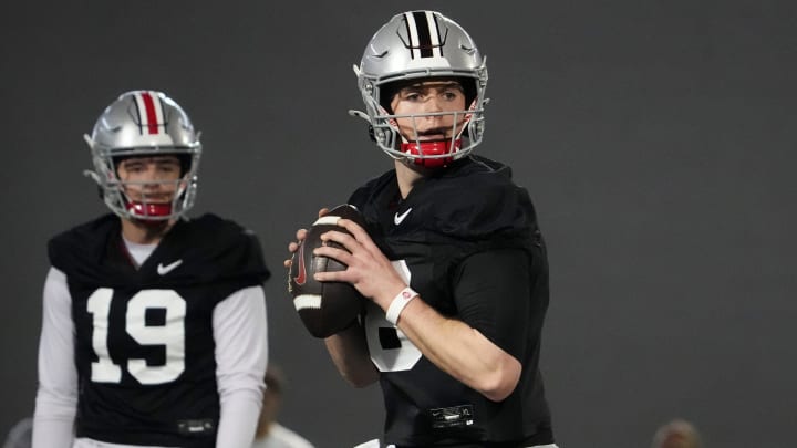 Mar 7, 2024; Columbus, OH, USA; Ohio State Buckeyes quarterback Will Howard (18) looks to throw during spring football practice at the Woody Hayes Athletic Center.