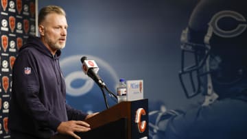 May 23, 2024; Lake Forest, IL, USA; Chicago Bears head coach Matt Eberflus speaks during organized team activities at Halas Hall.