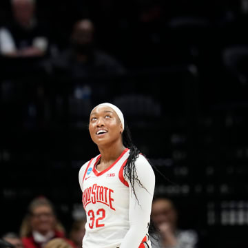 Mar 24, 2024; Columbus, OH, USA; Ohio State Buckeyes forward Cotie McMahon (32) walks to the bench during the first half of the women’s NCAA Tournament second round against the Duke Blue Devils at Value City Arena.
