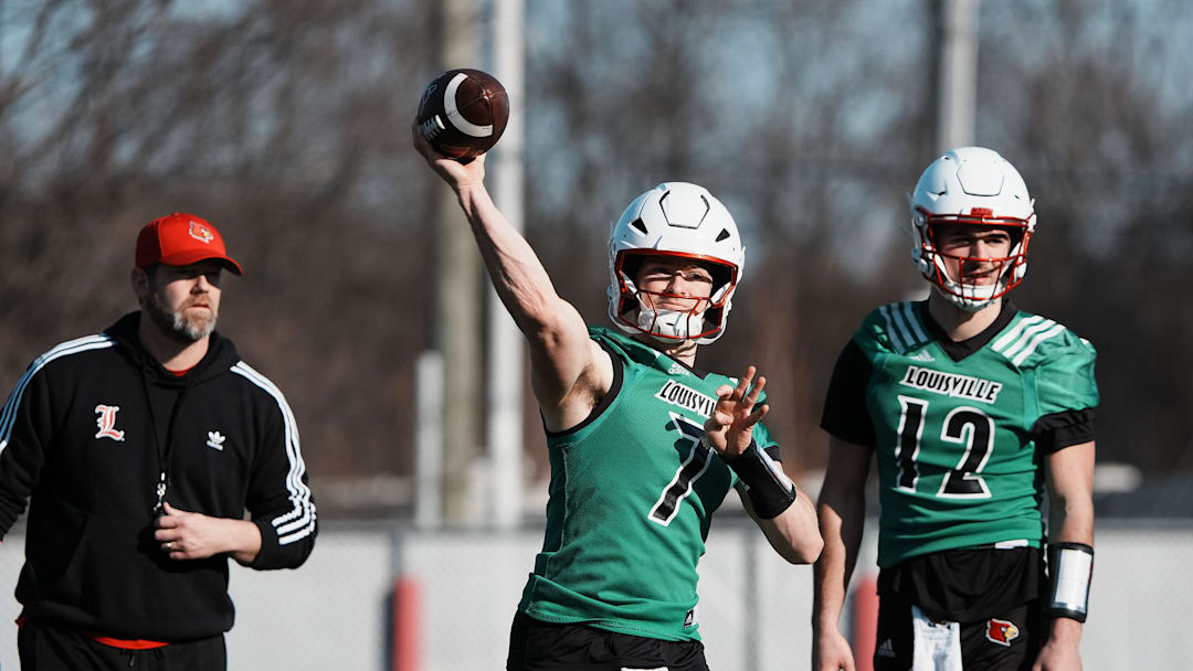 Louisville QB Miller Moss (7) passes during practice outside the Trager Center in Louisville, Ky. on Mar. 1, 2025.