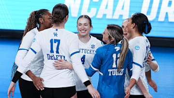 Kentucky was feeling confident during the last points in the final set against Cleveland State during the NCAA Women's Volleyball Tournament at Memorial Coliseum in Lexington, Ky. on Dec. 5, 2024.
