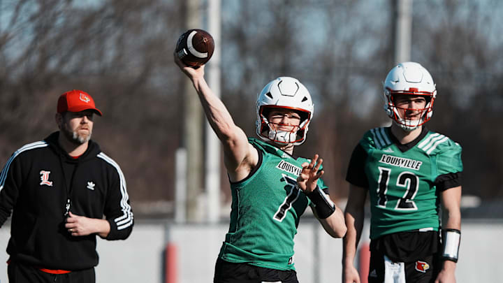 Louisville QB Miller Moss (7) passes during practice outside the Trager Center in Louisville, Ky. on Mar. 1, 2025.