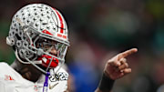 Ohio State Buckeyes safety Caleb Downs (2) warms up prior to the College Football Playoff National Championship against the Notre Dame Fighting Irish at Mercedes-Benz Stadium in Atlanta on Jan. 22, 2025.