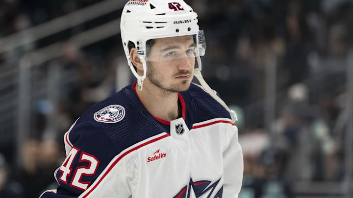 Jan 28, 2024; Seattle, Washington, USA; Columbus Blue Jackets forward Alexandre Texier (42) is pictured before a game against the Seattle Kraken at Climate Pledge Arena. Mandatory Credit: Stephen Brashear-Imagn Images