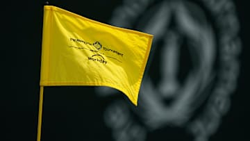 The flag on the 14th green blows in the wind during the final round of the Memorial Tournament at Muirfield Village Golf Club in Dublin on June 1, 2025.