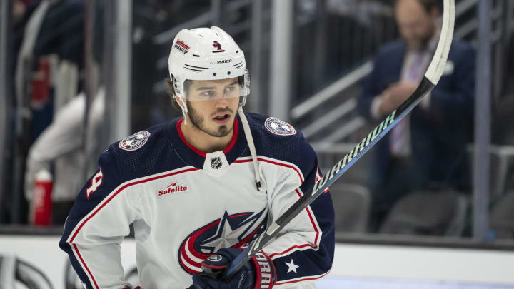 Jan 28, 2024; Seattle, Washington, USA; Columbus Blue Jackets forward Cole Sillinger (4) is pictured before a game against the Seattle Kraken at Climate Pledge Arena. Mandatory Credit: Stephen Brashear-USA TODAY Sports