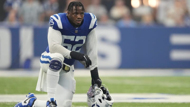 Indianapolis Colts defensive end Samson Ebukam (52) takes a quick breather during a break in the action near the end of regulation, Los Angeles Rams at Indianapolis Colts, on Sunday, Oct. 1, 2023, at Lucas Oil Stadium in Indianapolis. Los Angeles won in overtime, 29-23.