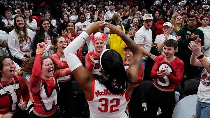 Ohio State Buckeyes forward Cotie McMahon (32) thanks the student section following the come-from-behind 74-66 win over the Maryland Terrapins in the NCAA women's basketball game at Value City Arena on Jan. 23, 2025.