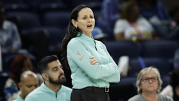 Sep 11, 2025; Chicago, Illinois, USA; New York Liberty head coach Sandy Brondello reacts during the first half at Wintrust Arena. Mandatory Credit: Kamil Krzaczynski-Imagn Images