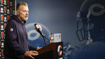 May 23, 2024; Lake Forest, IL, USA; Chicago Bears head coach Matt Eberflus speaks during organized team activities at Halas Hall.