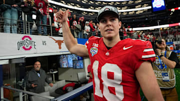Ohio State Buckeyes quarterback Will Howard (18) leaves the field following the Cotton Bowl Classic College Football Playoff semifinal game against the Texas Longhorns at AT&T Stadium in Arlington, Texas on Jan. 10, 2025. Ohio State won 28-14.