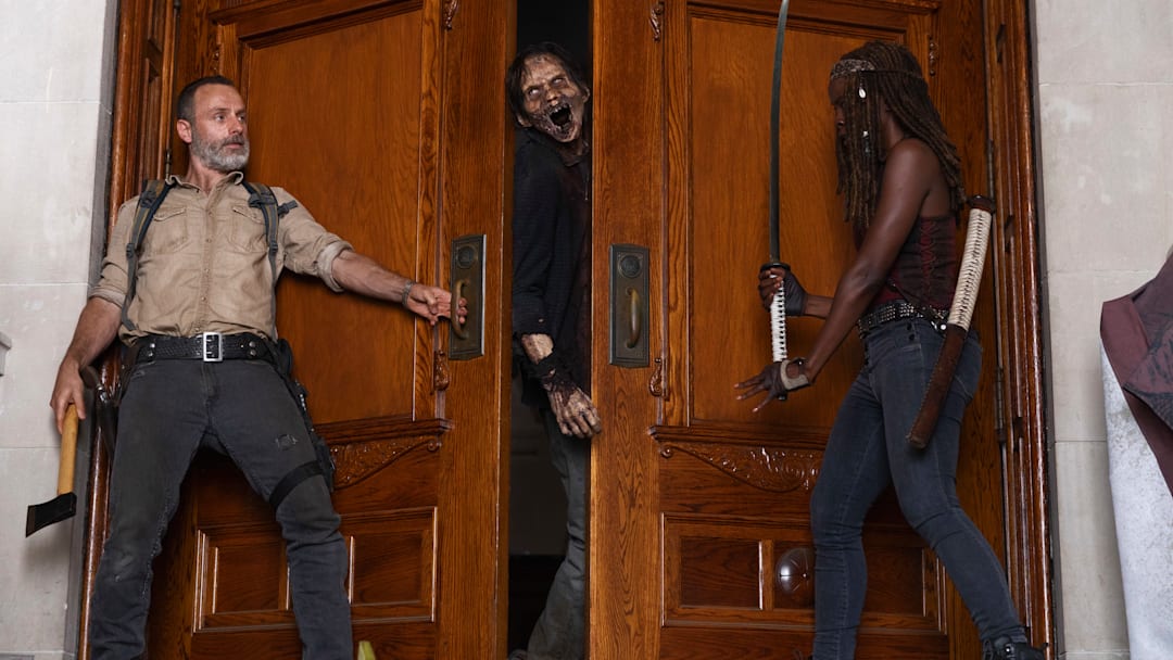 Andrew Lincoln as Rick Grimes and Danai Gurira as Michonne in The Walking Dead season 9 