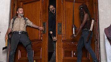 Andrew Lincoln as Rick Grimes and Danai Gurira as Michonne in The Walking Dead season 9 