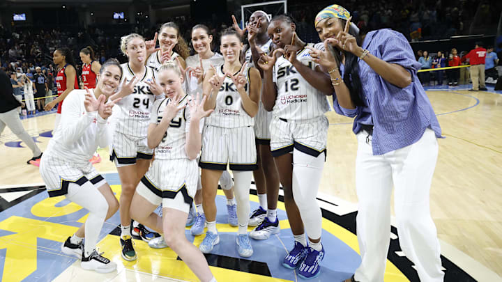 Aug 5, 2025; Chicago, Illinois, USA; Chicago Sky players celebrate after defeating the Washington Mystics in a WNBA game against the Washington Mystics at Wintrust Arena. Mandatory Credit: Kamil Krzaczynski-Imagn Images
