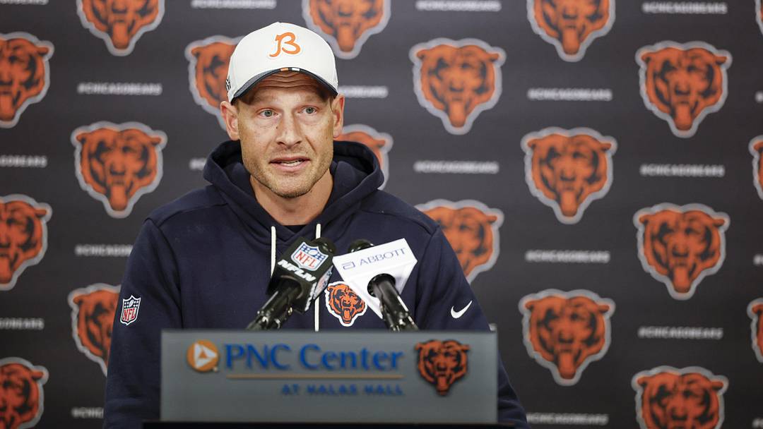 May 8, 2026; Lake Forest, IL, USA; Chicago Bears head coach Ben Johnson addresses the media at Halas Hall before Rookie Minicamp. Mandatory Credit: Kamil Krzaczynski-Imagn Images