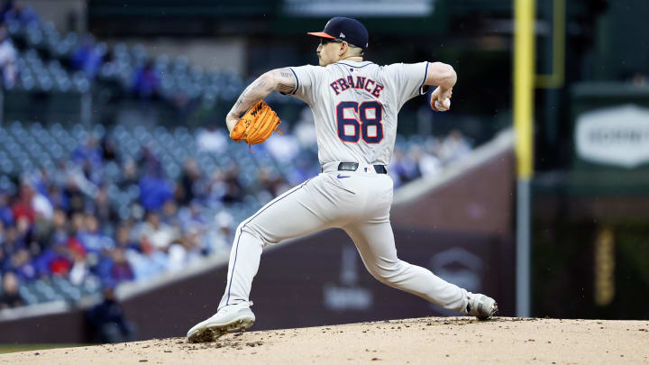 Apr 23, 2024; Chicago, Illinois, USA; Houston Astros starting pitcher J.P. France (68) delivers a pitch against the Chicago Cubs during the first inning at Wrigley Field